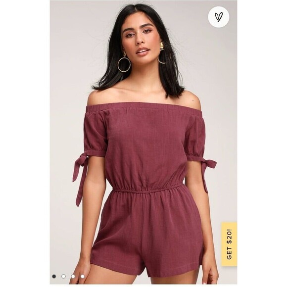2 for $20 Lulus Georgiana Washed Burgundy Off-the-Shoulder Romper Size XS - Picture 1 of 9